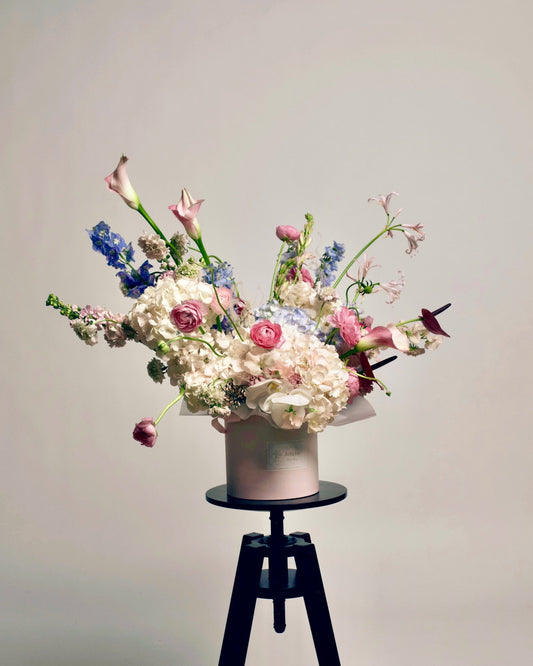Floral arrangement in a white box 