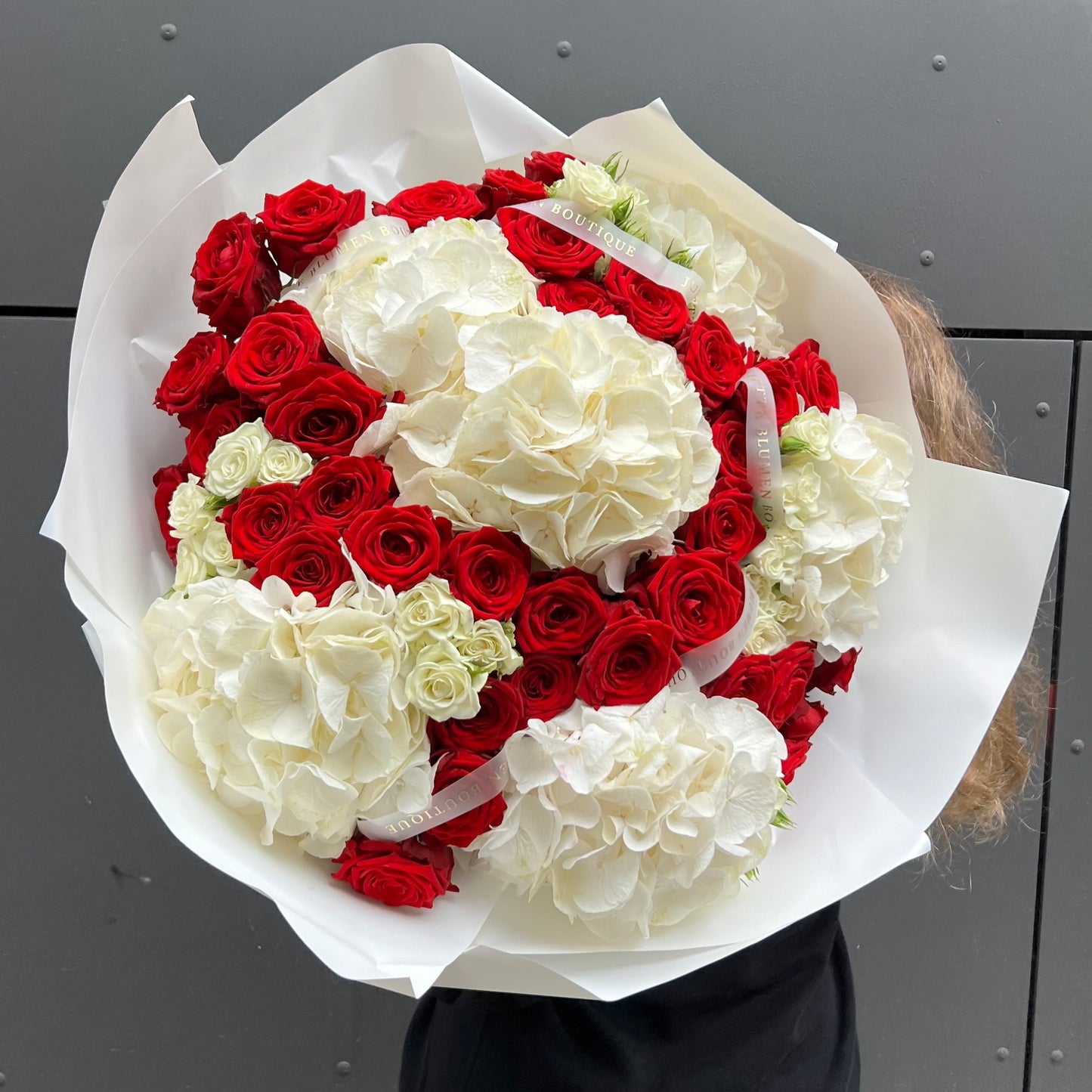 Red Roses and White Hydrangeas Bouquet Delivery